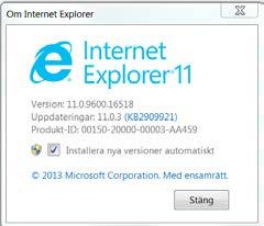 Bild 108 Ändra inställningar för kompabilitetsvyn för version Internet Explorer 10 Om du har fått Internet Explorer 11 installerat så åtgärdar du det enkelt.