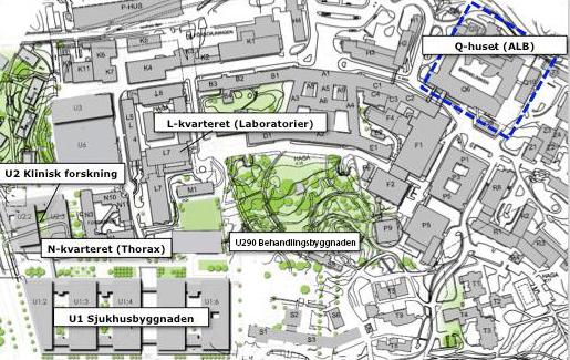 14 (32) Kvarter N Slutenvård cirka 85 platser (bland annat infektion, psykiatri, platser inom tema inflammation och reparativ medicin), bröstcentrum, medicinsk teknik, lokaler för hälsoprofessionerna