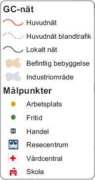 Figur 4 nedan. Gång- och cykelvägen ansluter till övriga huvudnätet vid Mossplan i korsningen Malmgatan/Fredsgatan. Därifrån finns anslutningar i huvudnätet längs Kajvägen, Fredsgatan och Mossgatan.