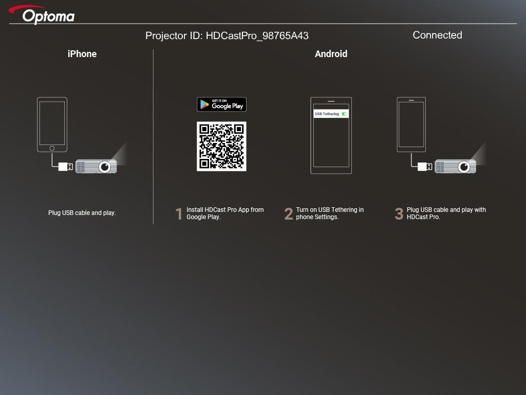 USB-visning (mobilenhet ansluts direkt till USB-porten) Skärmspegling via USB-kabel Spegla din ios- eller Android-skärm genom att ansluta enheten till projektorn med din USB-laddningskabel.