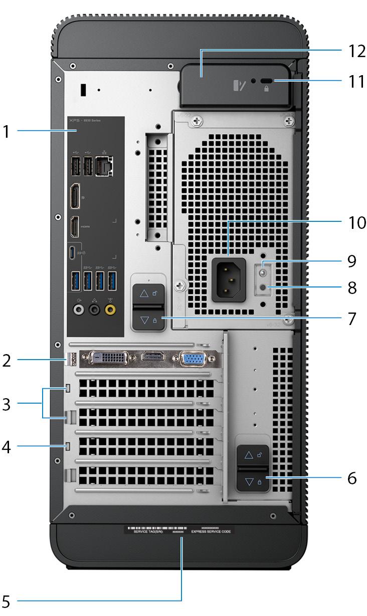Baksida 1 Bakpanel Anslut USB-, ljud- och videoenheter och andra enheter. 2 PCI-Express X16 (grafikkortsplats) Anslut ett PCI-Express-kort, t.ex.