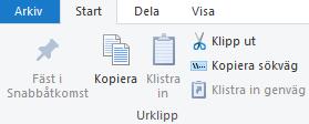 Windows 10 8 Hantera filer och mappar Kommandon för att kopiera, klippa ut och klistra in filer och mappar finns på Startmenyfliken i gruppen Urklipp.