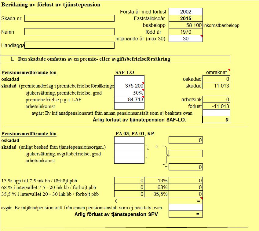 30 Premiebefrielse p.g.a. LAF Arbetsskadelivränta p.g.a. inkomstminskning år 2015, 84 713 kr. 84 713 x 13 % = 11 013 kr.