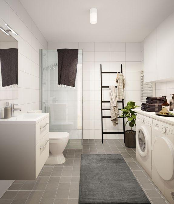 HALL Klädförvaring i anslutning till entrén Säkerhetsdörr med både säkerhetslås och titthål Rymliga ytor som uppfyller tillgänglighetskrav KÖK Ergonomisk arbetsbänk med yta i laminat Snålspolande