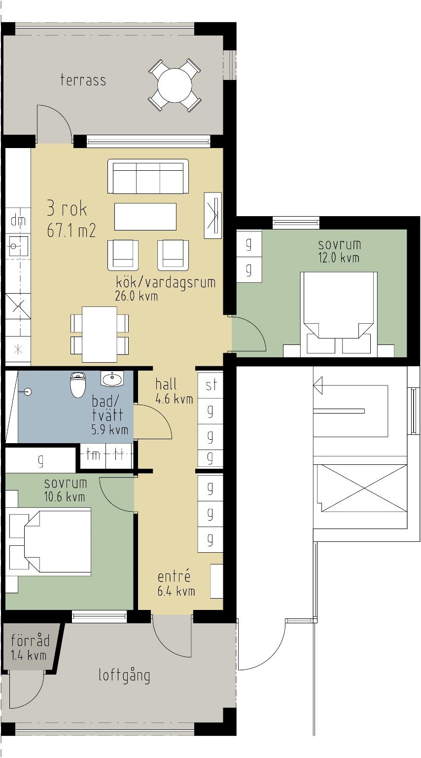 12,8 KVM 3 ROK 67,1 M 2 HUS B, PLAN 1,2,3 & 4 LGH NR: 2102, 2202, 2302, 2402 ORIENTERINGSFIGUR FÖRKLARINGAR g garderob st