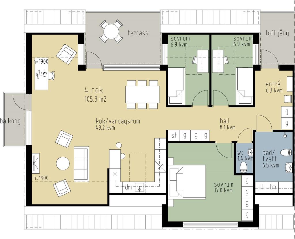 26 LORENSBERG 3 4 ROK 105,3 M 2 HUS A, PLAN 5 LGH NR: 1501, 1502 ORIENTERINGSFIGUR 11,5 KVM FÖRKLARINGAR g