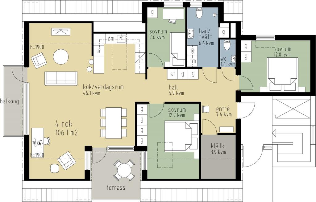 4 ROK 106,1 M 2 HUS B, PLAN 5 LGH NR: 2501 8,3 KVM ORIENTERINGSFIGUR FÖRKLARINGAR g garderob st städ tm