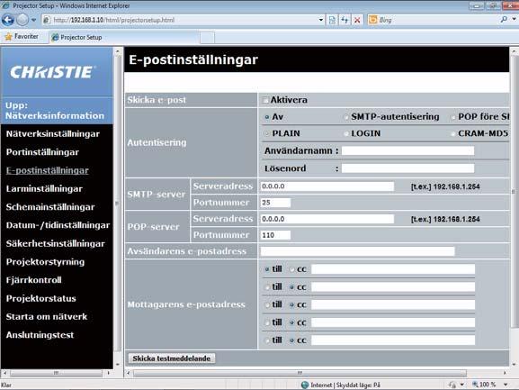 3. Webbkontroll 3.1 Webbkontroll för projektor (fortsättn.) 3.1.5 E-postinställningar Visar och konfigurerar inställningar för e-postadressering.