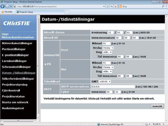 3. Webbkontroll 3.1 Webbkontroll för projektor (fortsättn.) 3.1.8 Datum-/tidinställningar Visar och konfigurerar datum- och tidsinställningar.