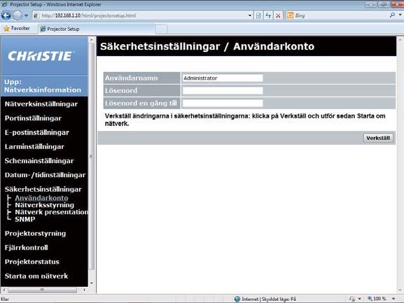 3. Webbkontroll 3.1 Webbkontroll för projektor (fortsättn.) 3.1.9 Säkerhetsinställningar Visar och konfigurerar lösenord och andra säkerhetsinställningar.