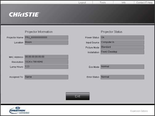 3. Webbkontroll 3.2 Crestron e-control (fortsättn.) 3.2.3 Fönstret Info 1 2 Visar aktuella inställningar och status för projektorn. Klicka på knappen [Exit] för att återgå till fönstret Main.