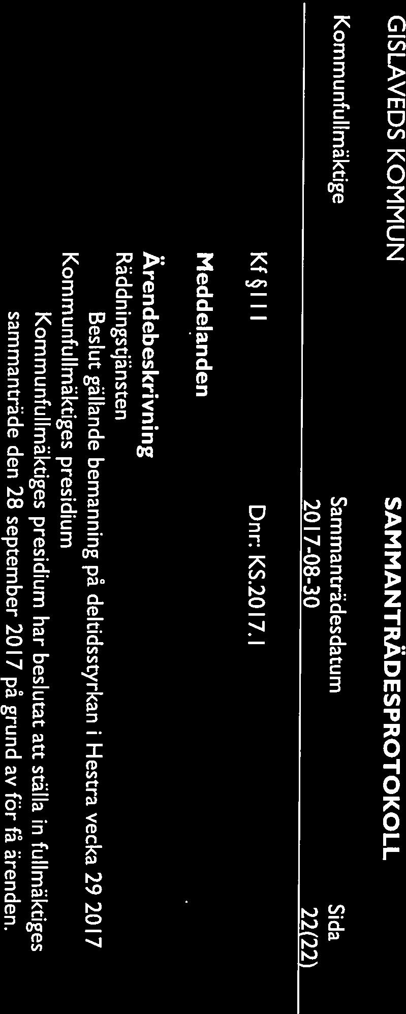 sammanträde den 28 september 201 7 på grund av för få ärenden. Meddelanden Kfl II Dnr: KS.2017.