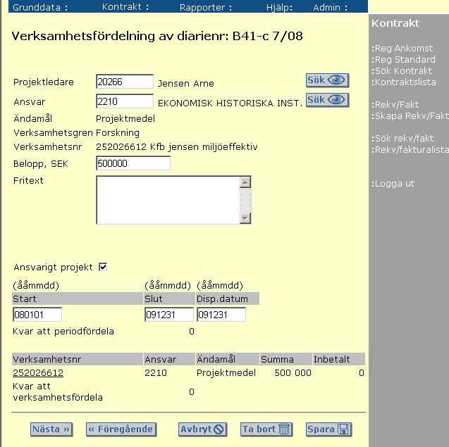 Ett kontrakt har en finansiär och en huvudansvarig mottagare. Till detta knyts uppgifter om ansvar och verksamhetsnummer i ekonomisystemet.