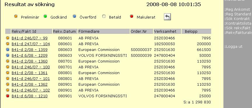Datumet och tidpunkten högst upp på rekvisitionslistan visar när utsökningen gjordes. Rekvisitionslistan ligger kvar ända tills samma användare gör en ny utsökning.