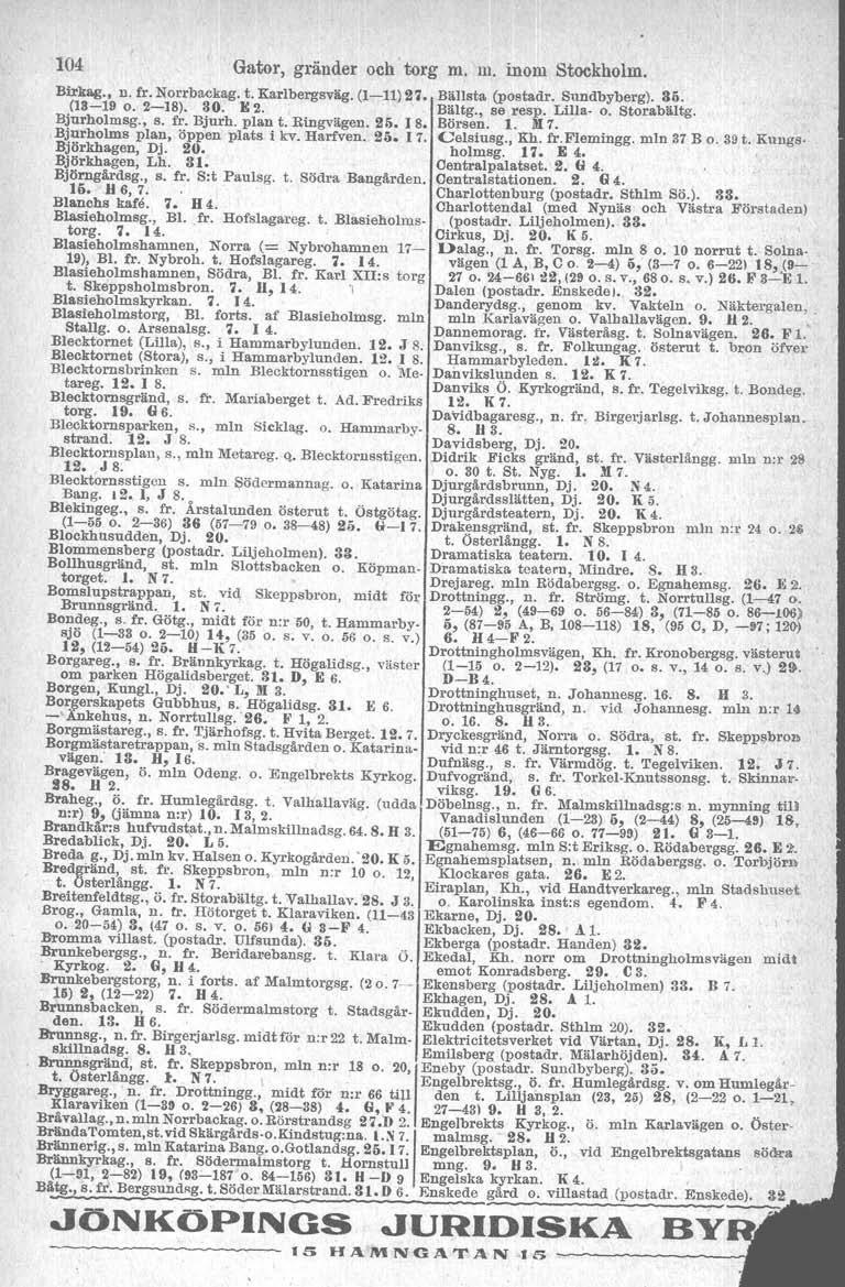 104 Gator, gränder och torg m. m. inom Stockholm. Birkag., n. fr. Norrbackag. t. Karlbergsväg. (1-11) 27. Bällsta (postadr, Sundbyberg). 36. (13-19 o. 2-18). 30. E 2. ' Bältg., se resp. Lilla. o. Storabältg.