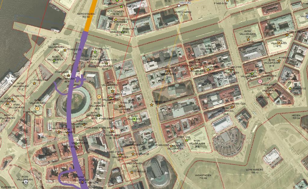 Figur 3. Potentiellt förorenade verksamheter inom del av utredningsområdet (på ortofoto) från databasverktyget.