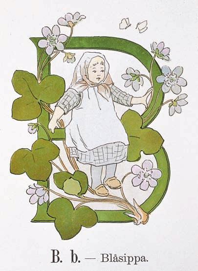MARTINSSON Blåsippa Hepatica nobilis. Illustration av Ottilia Adelborg ur Prinsarnes Blomsteralfabet 1893, originalillustrationerna tillhör Adelborgska fonden för Gagnefs minnesstuga.