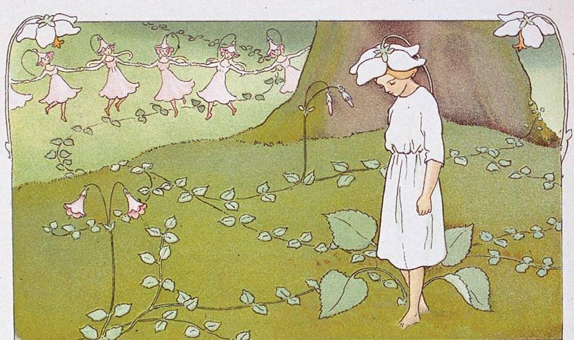 VÄXTNAMN SOM FÖRNAMN Den blyga Pyrola, omgiven av dansande Linneor. Illustration av Elsa Beskow ur Blomsterfesten i täppan 1914. Foto: Uppsala universitetsbibliotek.