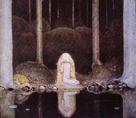 VÄXTNAMN SOM FÖRNAMN Prinsessan är borta, nu är det bara en blomma med Tuvstarrs namn, en vit liten blomma vid randen av tjärnen. Illustration av John Bauer ur John Bauers bästa, 1937.