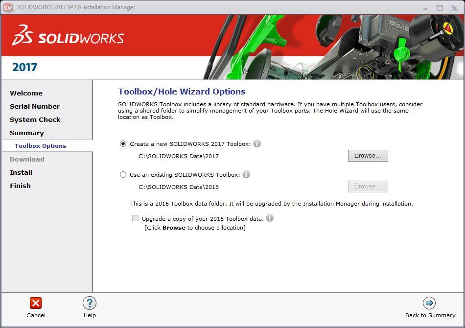 Installationsmanual för SOLIDWORKS2017 DEL 1: Installation av fasta licenser Steg 10.2 - Installationssökväg Här bestämmer man i vilken katalog SOLIDWORKS 2017 ska installeras.