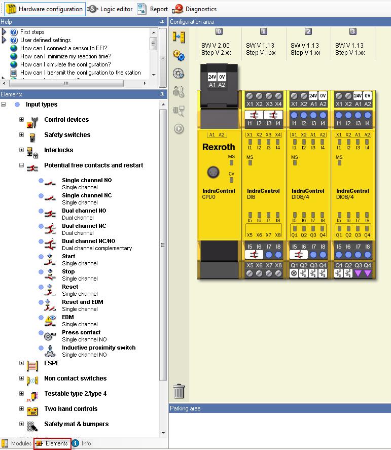 8/15 SafeLogic designer 2. Ingångarna och utgångarna måste konfigureras enligt den inkoppling som gjorts. Klicka på fliken Elements och dra in rätt kontakter och släpp de på korrekt ingång.