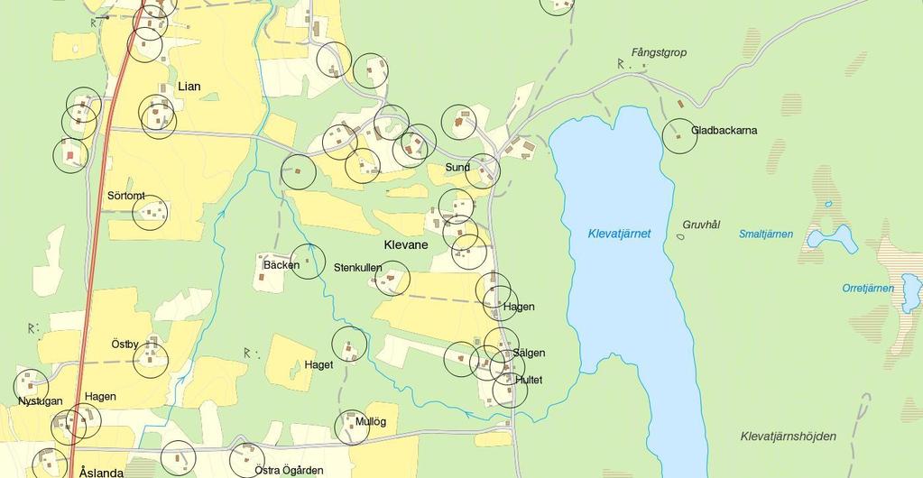 Klevane Områdets största kluster har 4 hus i samlad bebyggelse.