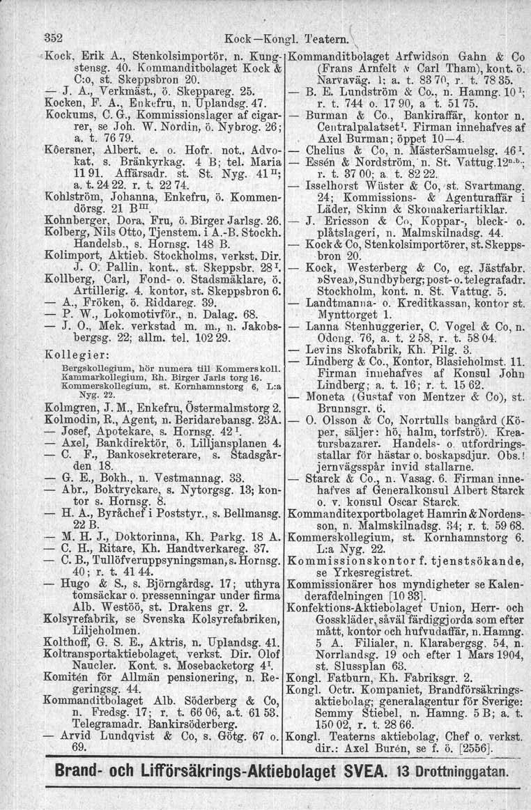 352 Kock-Kong!. 'l'eatern.\ 'Kock, Erik A., Stenkolsimportör, n. Kung- Kommanditbolaget Arfwidson Gahn & Co stensg. 40. Kommanditbolaget Kock & (Frans Arnfelt,~ Carl Tham), kont. ö. C:o, st.