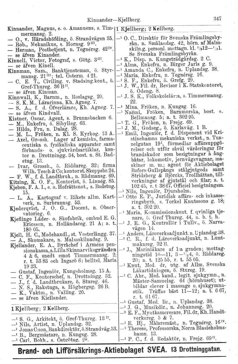 Kinnander-Kjellberg. 347 Kinnander, Magnus, e. o. Amanuens, s. Tim- ~J{jelll>erg;_2_~e_llb~~~ _ mermansg. 2. _ O., v. Häradshöfding, ö. Strandvägen 35. _1 O. C.