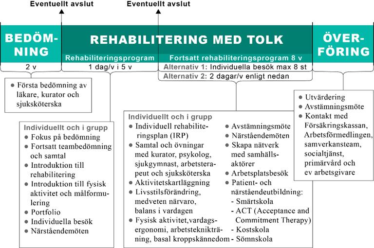 Figur 2. Rehabiliteringsprogrammets flöde och innehåll. Rehabiliteringsprogrammets gruppinterventioner är baserat på Acceptance and Commitment Therapy (ACT).