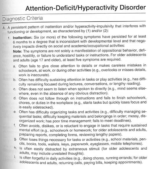 ADHD (A) Bestående (min 6 månader), ej åldersadekvat 1) Ouppmärksamhet (min 6/9 barn,