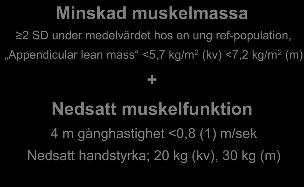 Diagnoskriterier för sarkopeni Minskad muskelmassa 2 SD under medelvärdet hos en ung ref-population, Appendicular lean mass <5,7 kg/m 2 (kv) <7,2 kg/m 2 (m) Death + Maximal gånghastihet hos the Grim