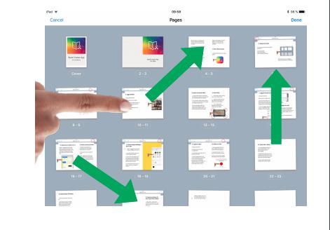 15. Flytta sidor i boken 1. Tryck på knappen Pages, sen tryck på Edit till höger för att kunna redigera bokens sidor. Sidorna hamnar då i ett darrningsläge. 2.
