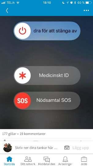 Tips för nödsituationer Gäller iphone: Vid nödläge. Tryck snabbt fem gånger på knappen för avstängning. Då kommer den här vyn upp. Du kan swajpa för att stänga av, eller ringa nödsamtal.