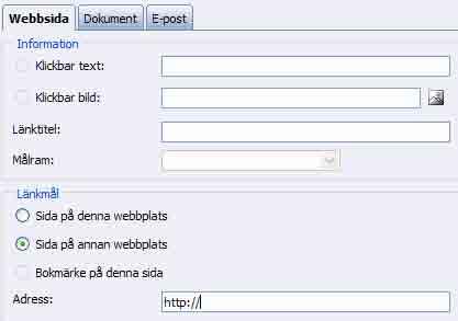 Länk till sida på annan webbplats Här kan du välja att länka sidan till en extern länk.