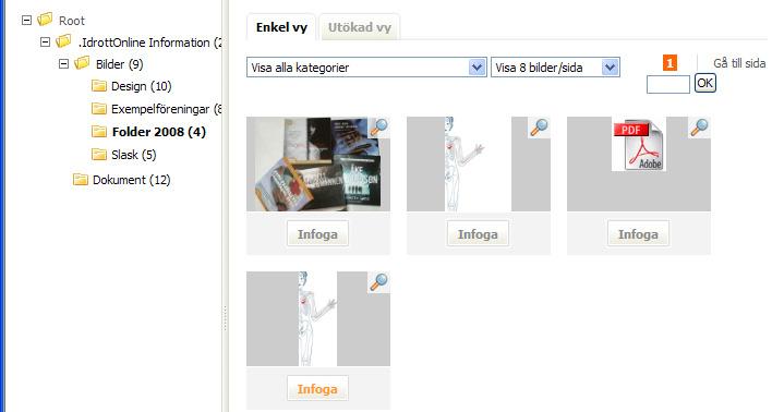 Du kommer då in i ImageVault och kan välja den mapp du vill hämta en bild från för att infoga alternativt välja Ladda upp fil om du ska hämta en bild från din