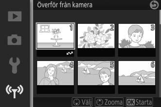 Överföring av flera valda bilder För att föra över flera valda bilder, använd alternativet Överför från kamera i Wi-Fi-menyn. 1 Välj Överför från kamera. Tryck på G-knappen för att visa menyerna.