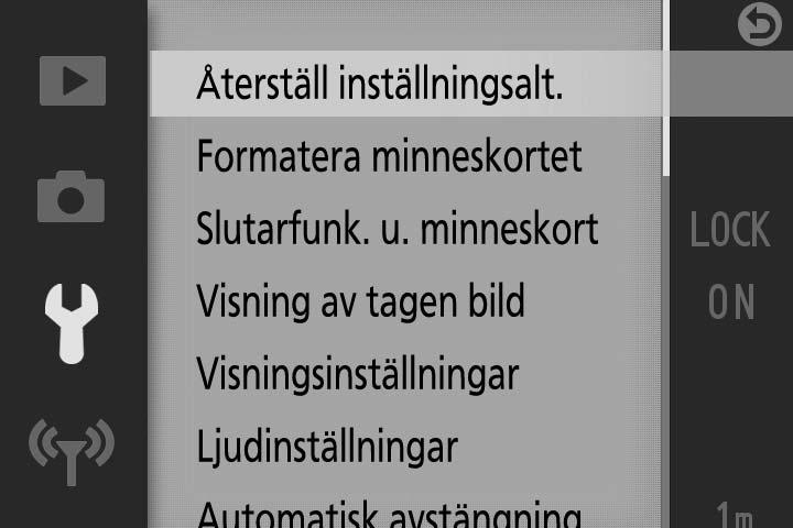 G-knappen De flesta alternativen för fotografering, bildvisning, inställning och Wi-Fi kan nås via kamerans menyer. För att visa menyerna, tryck på G-knappen.