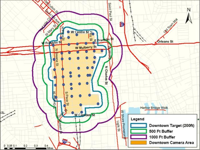 Baltimore > Stad med hög brottslighet > Initialt ett 50-tal kvarter i centrum > Som väntat, brottsligheten flyttade ut > Stor