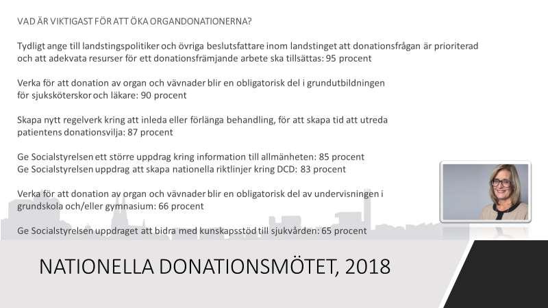 Socialdepartementet: Fler donationsfrämjande åtgärder behövs! Agneta Karlsson Statssekreterare, Socialdepartementet, för socialminister Annika Strandhäll.