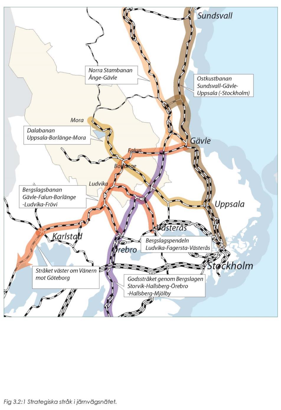 4.3 Järnvägsnätet och dess standard Strategiska banor genom Dalarna Dalabanan och Bergslagsbanan är de dominerande stråken för den regionala och interregionala tågtrafiken i Dalarna.