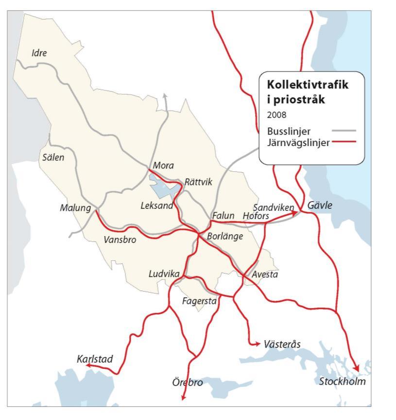 4.2 Kollektivtrafik Dagens kollektivtrafikupplägg Kollektivtrafiknätet i Dalarna är relativt välutvecklat i de stora trafikstråken.