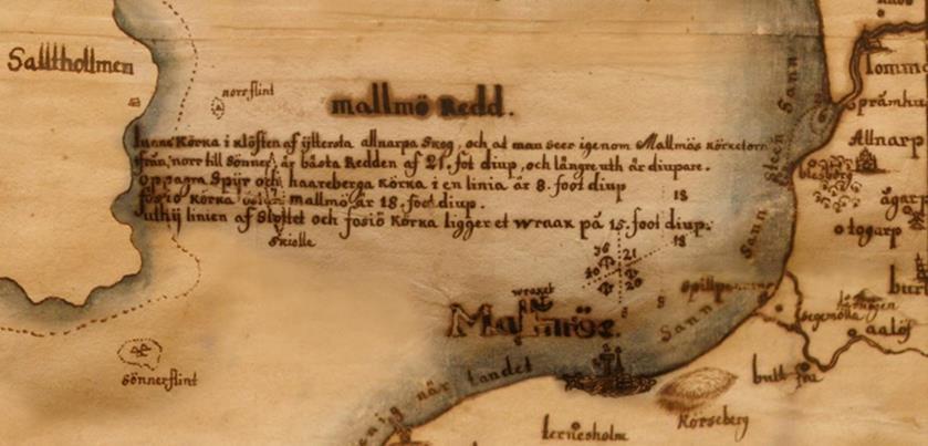 Del av Buhrmans Skånekarta från 1684. Här finns beskrivet hur man ska närma sig land utan att gå på grund.