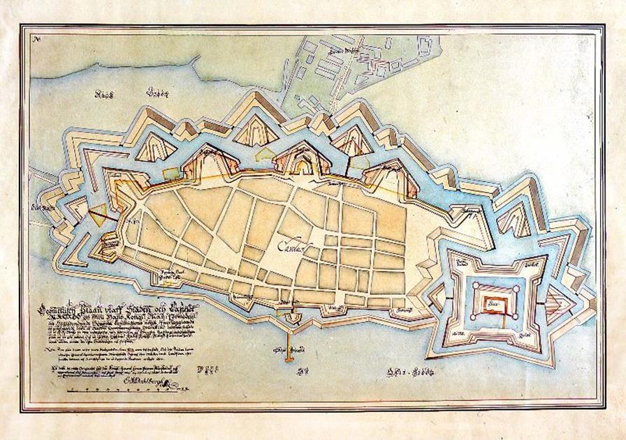 Befästningsverken MM 004298: Reproduktion av en karta över Malmös fortifikation 1686 Malmö Museers samlingar Slottet och vallarna runt staden förföll sakta under 1700-talet.