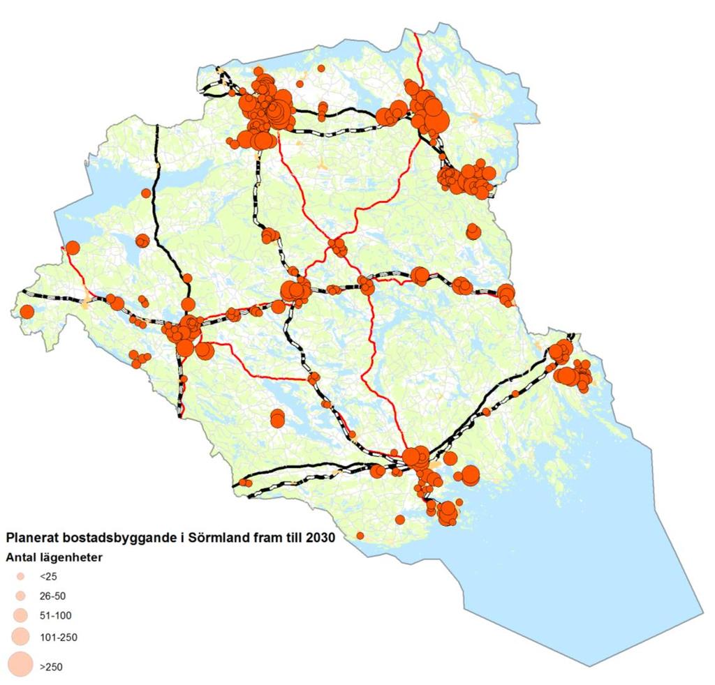 Figur 20. Sammanställning planerat bostadsbyggande kommunerna i Sörmland fram till 2030 utifrån analys av detalj och översiktsplaner 2016. Tabell 5.