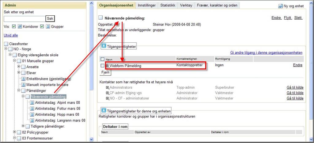 Men om en eller flera av dessa grupper flyttas t.ex. ner till noden Tidligere påmeldinger kommer alternativen att försvinna från rummet.