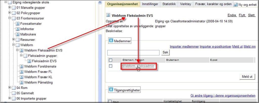 Låt oss titta närmare på detaljerna här: Gruppen Fleksiadmin EVS: Detta är gruppen där Flexiadministratörerna registrerar/avregistrerar sitt medlemskap: Noden Fleksiadmin grupper: Detta är endast en