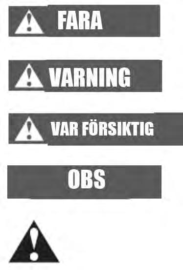 Förklaring av symboler Fara som kan orsaka allvarliga skador eller livsfara Fara som kan orsaka allvarliga skador