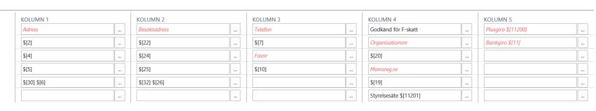 Med fältreferens menas att värdet hämtas ur tabellen när rapporten skrivs ut. Syntaxen för fältreferens är $[FiledNo], FiledNo är fältnummer i tabell 79 företagsinformation.