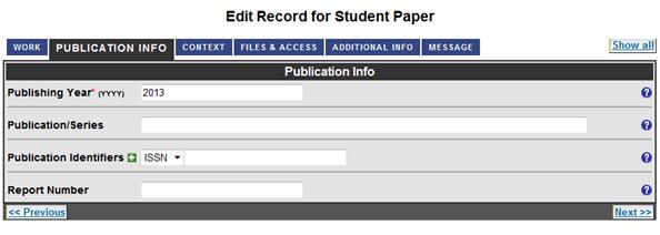 Under fliken PUBLICATION INFO obligatorisk uppgift Publishing Year Här ska du fylla i det året du skriver exjobbet på. Publiceringsåret baseras på när ditt examensseminarium ligger på.