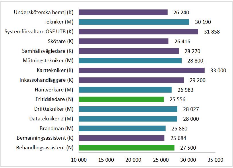 BAS-Intervall 300-349 Grupp Median K M Total Lönespridning Lägst Högst K M K M Behandlingsassistent 26 720 27 550 27 500 25 200 26 686 27 856 28 600 Bemanningsassistent 25 697 25 108 25 684 23 500 25